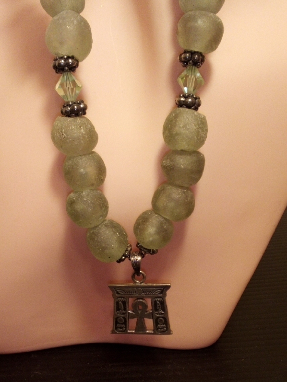 Green Beaded Necklace with Ankh Pendant - Unbranded